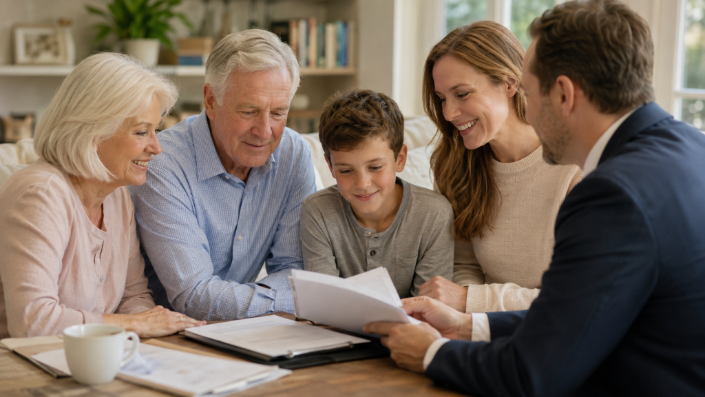 A family of five, part of the sandwich generation, sits with a professional at home, engaged in estate planning while their child looks over the paperwork.