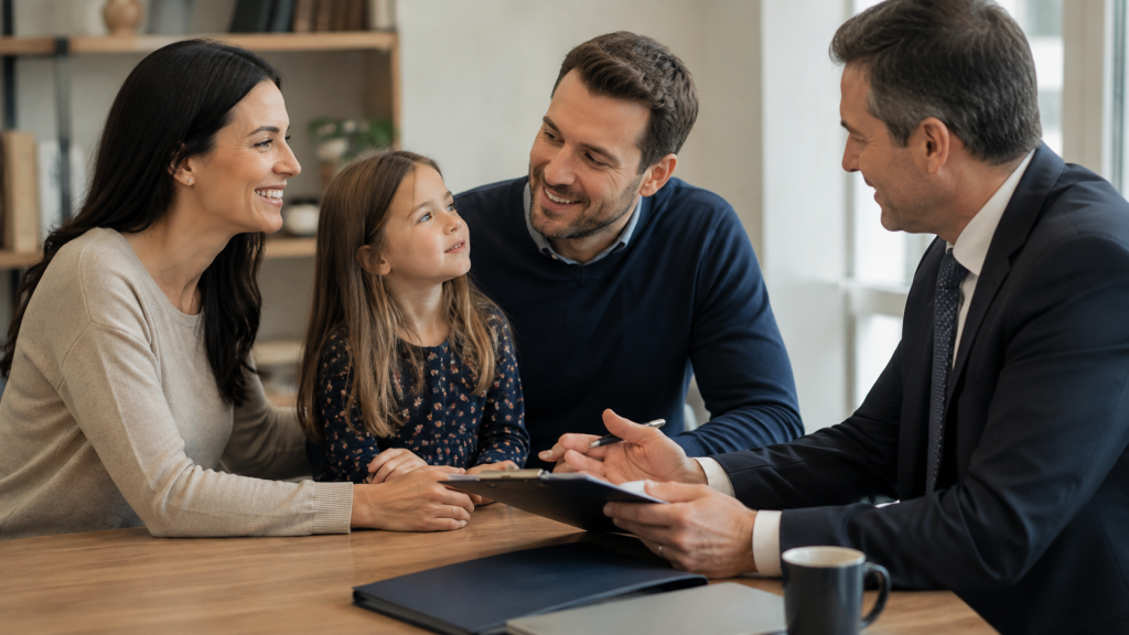 A man in a suit discusses documents about being named as a guardian—what to do—with a smiling family seated across a table in an office setting.