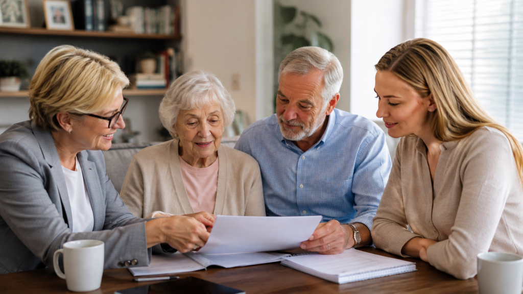 Four adults sit at a table reviewing documents, discussing critical estate planning mistakes, with notebooks and coffee cups in front of them in a well-lit room.