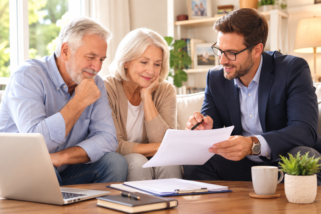 An older couple sits on a couch reviewing Estate Planning documents with a man in a suit at a table, which has a laptop, clipboard, and cup.