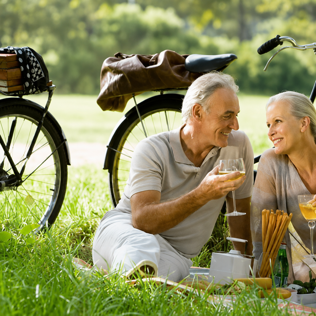 Older couple enjoy a sunny picnic with wine and cheese near their bikes, discussing future plans with help from a Wills & Trusts Attorney.