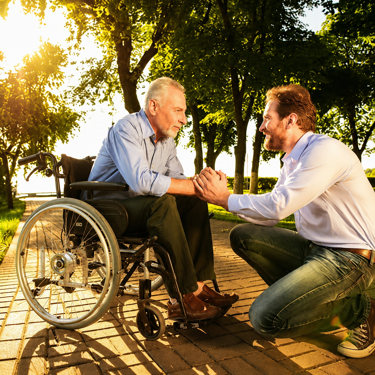 A man in a wheelchair and a younger man kneel and hold hands on a sunny park path, sharing a hopeful moment—Medicaid & Nursing Home Planning Attorney can help protect such bonds.