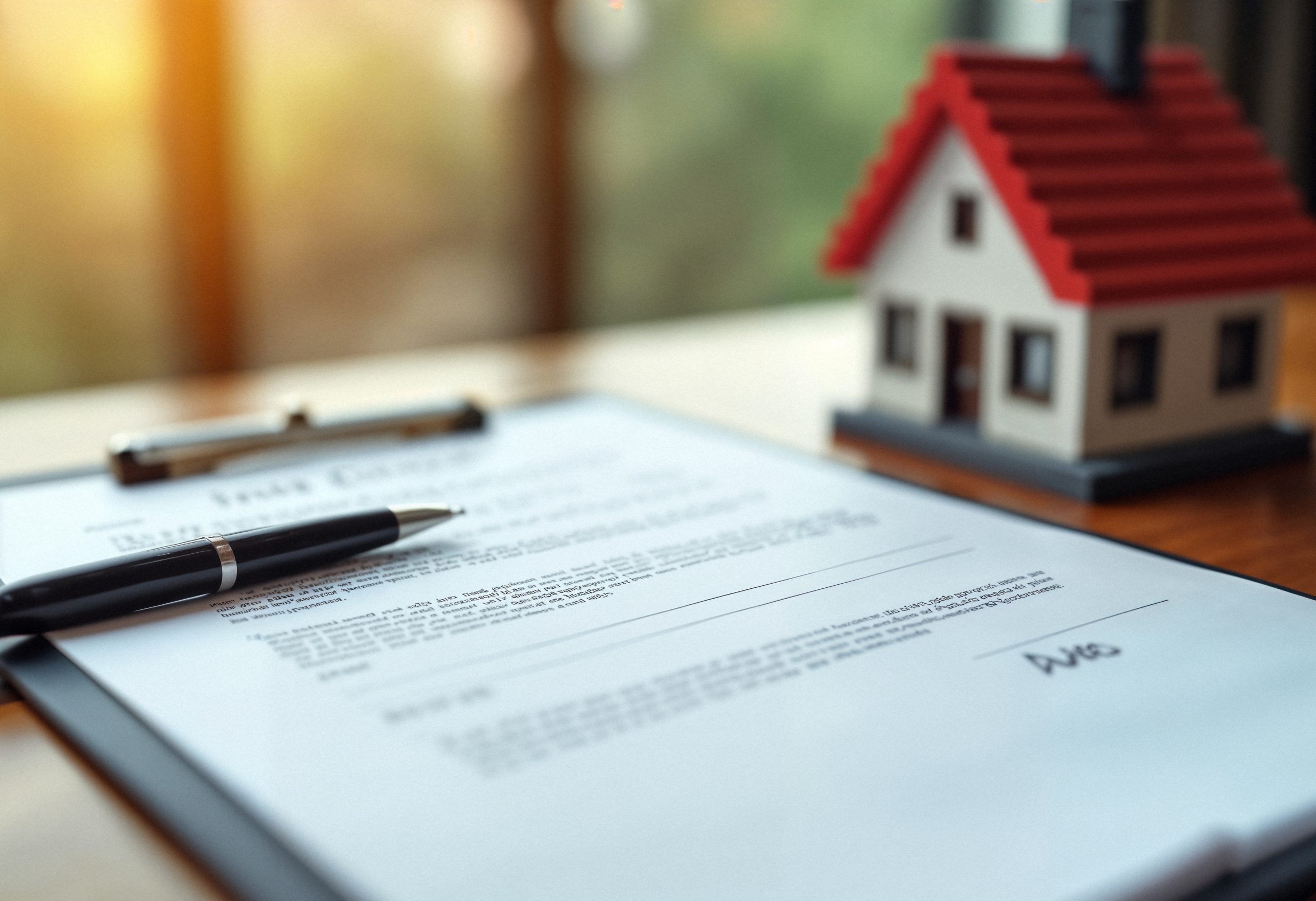 A pen and clipboard with a signed contract sit on a table next to a small model house, suggesting an agreement overseen by a wills attorney.