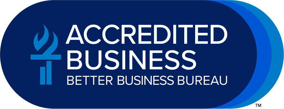 Blue badge with white text reading “Accredited Business” and “Better Business Bureau” next to the torch logo, highlighting a trusted Pet Trust Attorney on a blue background.