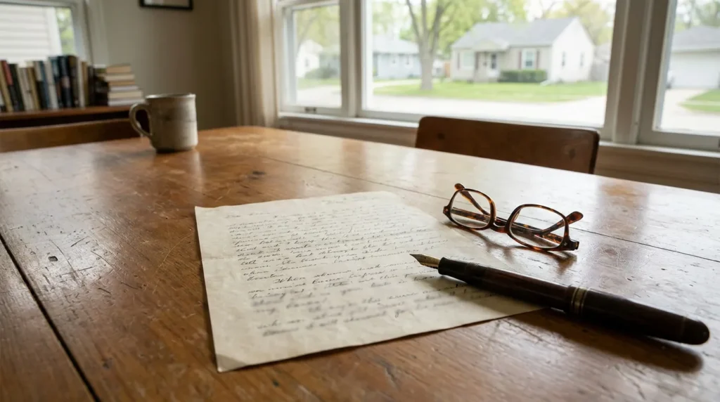 handwritten letter, fountain pen, and eyeglasses resting on wooden table