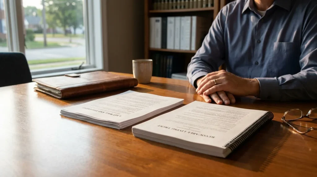 Last Will and Testament and Revocable Living Trust documents on office desk
